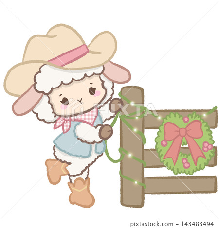 Cute Cowgirl Christmas Lamb Decorating a Rustic Wooden Fence with Christmas Wreath and Twinkling Fairy Lights Illustration Cute Cowgirl Christmas Lamb Decorating a Rustic Wooden Fence with Christmas Wreath and Twinkling Fairy Lights Illustration 143483494