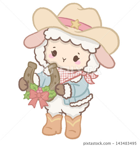 Cute Cowgirl Christmas Lamb Holding Two Rustic Horseshoes Decorated with Holly Leaves and Pink Bow Illustration Cute Cowgirl Christmas Lamb Holding Two Rustic Horseshoes Decorated with Holly Leaves and Pink Bow Illustration 143483495