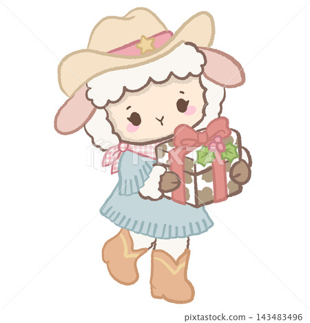 Cute Cowgirl Christmas Lamb Carrying a Christmas Present Wrapped in Brown Cow Print Paper with Pink Ribbon and Holly Illustration Cute Cowgirl Christmas Lamb Carrying a Christmas Present Wrapped in Brown Cow Print Paper with Pink Ribbon and Holly Illustration 143483496