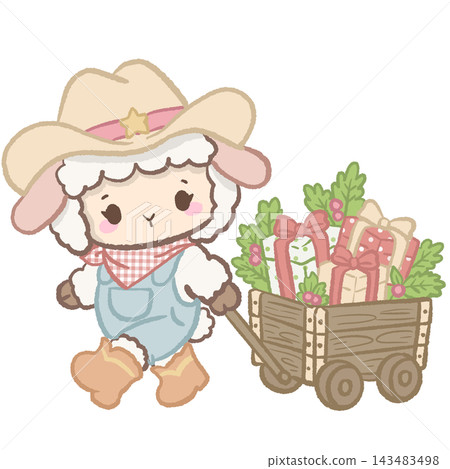 Cute Cowgirl Christmas Lamb Pulling a Rustic Wooden Wagon Filled with Christmas Presents, Holly Leaves, and Pink Ribbons Illustration Cute Cowgirl Christmas Lamb Pulling a Rustic Wooden Wagon Filled with Christmas Presents, Holly Leaves, and Pink Ribbons Illustration 143483498