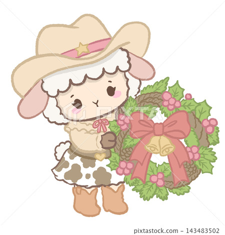Cute Cowgirl Christmas Lamb Holding a Large Rustic Christmas Wreath Decorated with Pinecones, Holly Berries, Golden Bells, and a Pink Bow Illustration Cute Cowgirl Christmas Lamb Holding a Large Rustic Christmas Wreath Decorated with Pinecones, Holly Berries, Golden Bells, and a Pink Bow Illustration 143483502