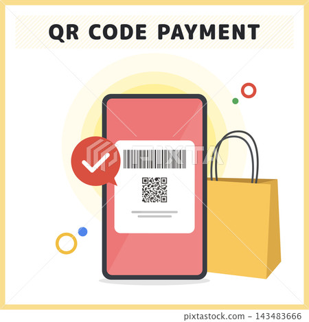 Smartphone QR code payment and cashless shopping illustrations, materials for electronic money and mobile payments. 143483666