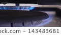 Macro shot of home gas stove burner ignited with steady blue flames. 143483681