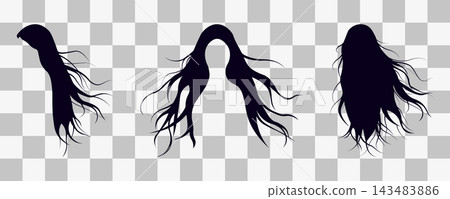 Black Hair Silhouettes Set Featuring Flowing Long Strands and Wavy Design Elements for Projects Black Hair Silhouettes Set Featuring Flowing Long Strands and Wavy Design Elements for Projects 143483886