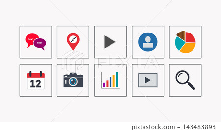 Minimalist Vector Icon Set Featuring Social Media Chat Bubbles and Analytics Charts for Web Minimalist Vector Icon Set Featuring Social Media Chat Bubbles and Analytics Charts for Web 143483893