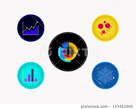 Modern Financial Data Charts and Infographic Elements Inside Circular Badges for Business Design Modern Financial Data Charts and Infographic Elements Inside Circular Badges for Business Design 143483900