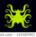 Neon Green Abstract Octopus Silhouette with Symmetrical Tentacles on Solid Dark Black Background 143483901