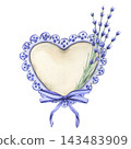 Watercolor heart-shaped frame with delicate lavender sprigs and a purple ribbon, isolated on white. Romantic botanical design for wedding, Valentines Day, and greeting cards 143483909