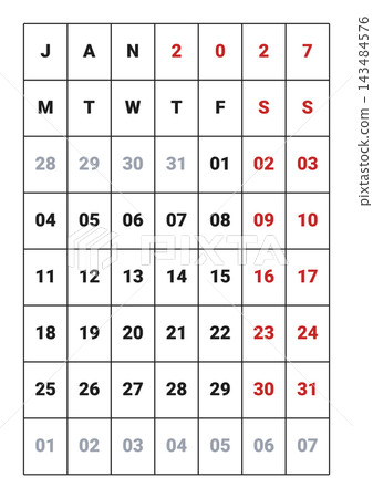 January 2027 English Minimalist Monthly Planner Page Thin Line Layout January 2027 English Minimalist Monthly Planner Page Thin Line Layout 143484576