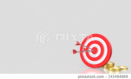 Arrows Hitting Bullseye Beside Gold Coins 3d render. Arrows Hitting Bullseye Beside Gold Coins 3d render. 143484869