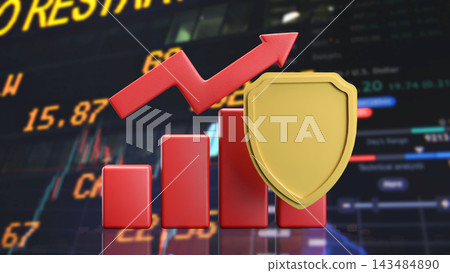 Investment Growth Chart with a Golden Shield and Rising Arrow 3d render. Investment Growth Chart with a Golden Shield and Rising Arrow 3d render. 143484890