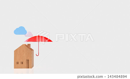 Wooden House Protected by a Red Umbrella Under Colorful Clouds 3d render. 143484894