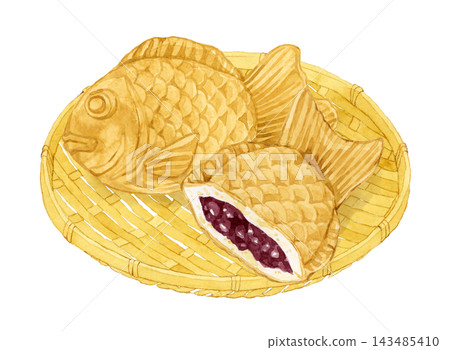 竹籃裡的鯛魚燒(魚形蛋糕)-手繪水彩插畫素材 竹籃裡的鯛魚燒(魚形蛋糕)-手繪水彩插畫素材 143485410