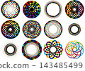A set of illustration materials featuring geometric circles with overlapping curved lines of colorful lines. 143485499