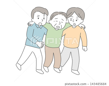 An illustration of two young men carrying an elderly man to rescue him. An illustration of two young men carrying an elderly man to rescue him. 143485684