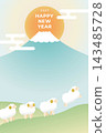 2027羊年新年賀卡模板（綿羊奔跑在草地上/富士山/日出/帶文字/柔和色調） 143485728