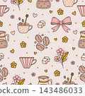 Coffee seamless pattern in boho style. Cute and cozy vector endless background with caffeine barista signs. This print is perfect for coffee lovers, cafes, restaurants and kitchen decor Coffee seamless pattern in boho style. Cute and cozy vector endless background with caffeine barista signs. This print is perfect for coffee lovers, cafes, restaurants and kitchen decor 143486033