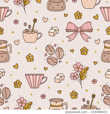 Coffee seamless pattern in boho style. Cute and cozy vector endless background with caffeine barista signs. This print is perfect for coffee lovers, cafes, restaurants and kitchen decor Coffee seamless pattern in boho style. Cute and cozy vector endless background with caffeine barista signs. This print is perfect for coffee lovers, cafes, restaurants and kitchen decor 143486033
