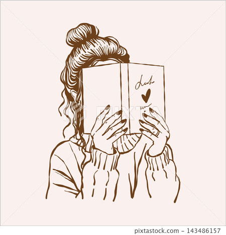Young woman reading a book. Sketch in brown. Vintage outline vector illustration. Girl with an open book. Love of reading. Book lover. Book club. Isolated romantic clipart. Young woman reading a book. Sketch in brown. Vintage outline vector illustration. Girl with an open book. Love of reading. Book lover. Book club. Isolated romantic clipart. 143486157