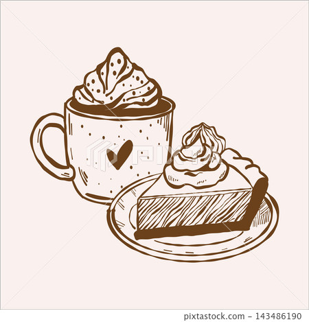 Vintage outline illustration of coffee in a cup and a piece of cake. Breakfast, dessert, cappuccino. Vector linear food clipart in brown color 143486190