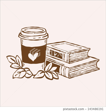 A cozy vintage outline illustration of a stack of books and a cup of takeaway coffee. Brown line art 143486191