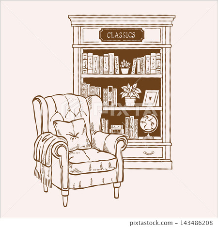 Vintage illustration of a cozy home scene with an armchair and bookcase. Home library. Brown linear clipart Vintage illustration of a cozy home scene with an armchair and bookcase. Home library. Brown linear clipart 143486208