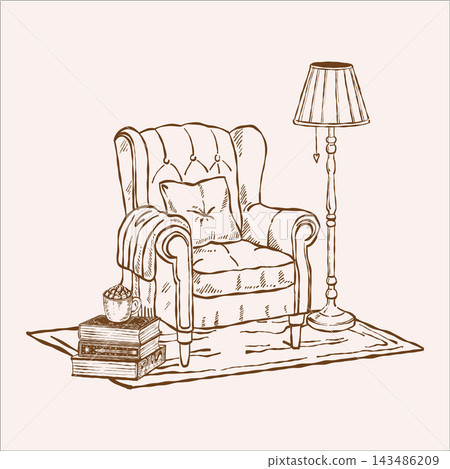 Vintage illustration of a cozy home scene with a stack of books, coffee, armchair, blanket, floor lamp. Brown linear clipart Vintage illustration of a cozy home scene with a stack of books, coffee, armchair, blanket, floor lamp. Brown linear clipart 143486209