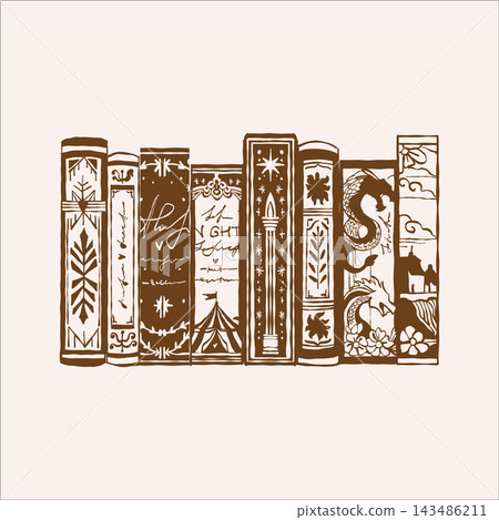 Collection of book homies. Hand drawn vintage outline illustration. Linear brown clipart of decorative book spines. Vector art Collection of book homies. Hand drawn vintage outline illustration. Linear brown clipart of decorative book spines. Vector art 143486211