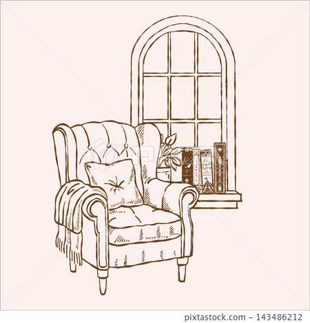 Vintage illustration of a cozy home scene with an armchair, blanket, window and books. Home library. Brown linear clipart Vintage illustration of a cozy home scene with an armchair, blanket, window and books. Home library. Brown linear clipart 143486212