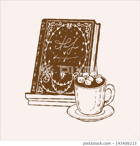 Cozy vintage outline illustration of a book with a beautiful cover and a cup of coffee with marshmallow. Brown linear clipart. Vector art 143486213