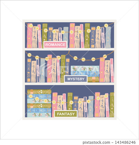 Bookcase with a garland. Multicolored book spines. Bookshelves. Flat-style vector illustration. Girly-style book clipart collection. Hand-drawn book-themed image. Home Library 143486246
