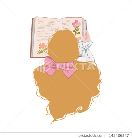 Young woman reading a book. Modern flat-style vector illustration. Girl with an open book. Love of reading. Book lover. Book club. Isolated romantic clipart Young woman reading a book. Modern flat-style vector illustration. Girl with an open book. Love of reading. Book lover. Book club. Isolated romantic clipart 143486247