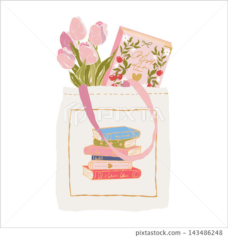 Tote bag with books and flowers. Vector illustration of a book-themed accessory. Tulips. Book shopping bag. Colorful clipart in a flat, girly style. 143486248