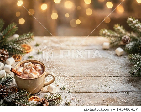 Snow-covered wood grain with marshmallow cocoa and fir branches - Christmas background copy space Snow-covered wood grain with marshmallow cocoa and fir branches - Christmas background copy space 143486417