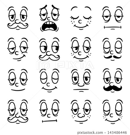 Cartoon face expression set, black line art, isolated white background Cartoon face expression set, black line art, isolated white background 143486446