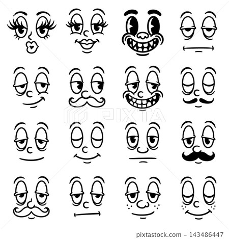 Cartoon face expression set with eyes, nose, mouth, smile Cartoon face expression set with eyes, nose, mouth, smile 143486447