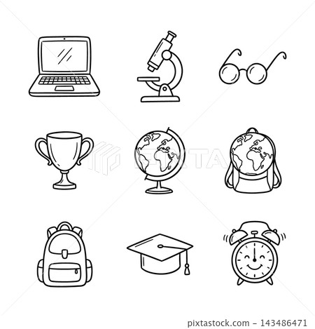 Laptop microscope eyeglass trophy globe school bag graduation cap alarm clock 143486471