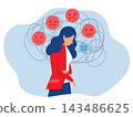Tired woman Stressed with positive and negative emotions.suffer from mental disease or depression. Unhappy girl tied with wires of psychological illness. Bipolar disorder, psychiatry. 143486625