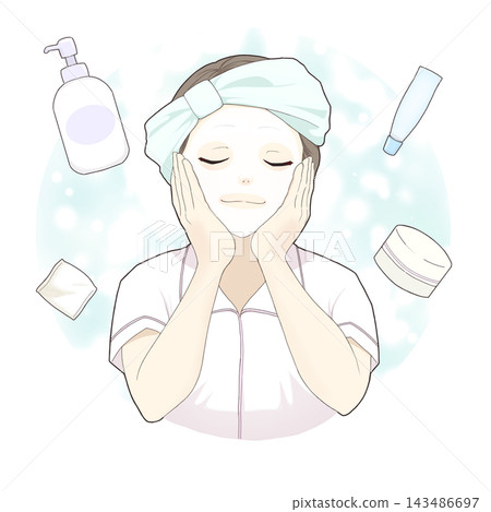 一幅描繪女性使用面膜和美容產品的插圖。 一幅描繪女性使用面膜和美容產品的插圖。 143486697