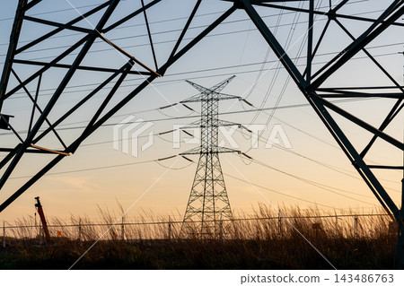 Energy grid infrastructure with high voltage pylons. 143486763