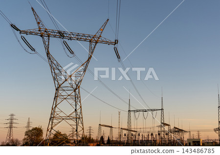 Power grid infrastructure with overhead transmission lines. Power grid infrastructure with overhead transmission lines. 143486785