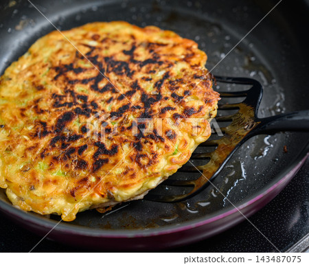 Okonomiyaki that looks delicious when cooked in a frying pan Okonomiyaki that looks delicious when cooked in a frying pan 143487075