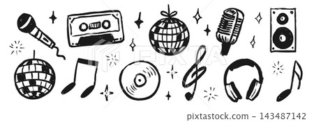 Hand drawn music doodle set. Crayon sketch collection of vinyl, headphone, cassette, disco ball, microphone, speaker, music notes, stars. Grunge party mirrorball element. Vector illustration bundle Hand drawn music doodle set. Crayon sketch collection of vinyl, headphone, cassette, disco ball, microphone, speaker, music notes, stars. Grunge party mirrorball element. Vector illustration bundle 143487142