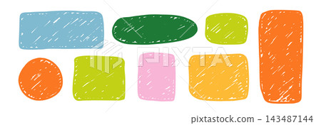 Colored hand drawn crayon text box frame set. Playful brush stroke doodle border collection. Rough texture edge shapes bundle. Vector pastel chalk sketch scribbles pack for sticker, patch, label Colored hand drawn crayon text box frame set. Playful brush stroke doodle border collection. Rough texture edge shapes bundle. Vector pastel chalk sketch scribbles pack for sticker, patch, label 143487144