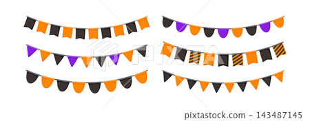 Different Halloween flag bunting decoration set. Colorful flags garland chain collection. Helloween party celebration pennant decorative element bundle. Bright autumn season decor vector illustration Different Halloween flag bunting decoration set. Colorful flags garland chain collection. Helloween party celebration pennant decorative element bundle. Bright autumn season decor vector illustration 143487145