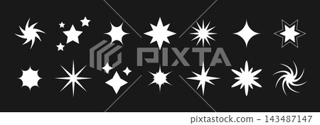 White twinkles, sparks and sparkles shine set. Blinking star sunburst shape collection. Magic light flare pack for design template, poster, banner, brochure, leaflet. Vector glint glitter illustration White twinkles, sparks and sparkles shine set. Blinking star sunburst shape collection. Magic light flare pack for design template, poster, banner, brochure, leaflet. Vector glint glitter illustration 143487147