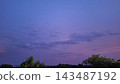 Soft purple and blue twilight clouds stretch above dark tree silhouettes at dusk 143487192