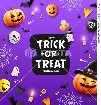 Happy Halloween trick or treat text message, design elements poster concept design Happy Halloween trick or treat text message, design elements poster concept design 143487212