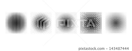 Halftone dotted square shape collection. Squared gradient pattern set. Pixelated texture frame pack. Fading comic pop art elements. Vector rectangle rasterized bitmap spots for poster, collage Halftone dotted square shape collection. Squared gradient pattern set. Pixelated texture frame pack. Fading comic pop art elements. Vector rectangle rasterized bitmap spots for poster, collage 143487444