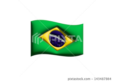 Stylized Brazilian Flag Illustration With Waving Green Banner, Yellow Rhombus and Blue Globe Emblem 143487864